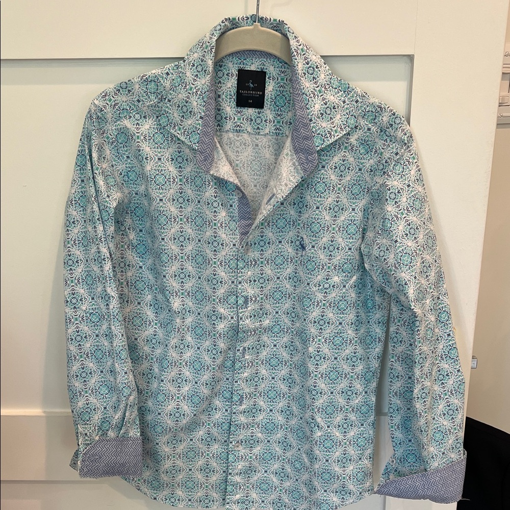 Blue, Teal and White boy’s button down shirt